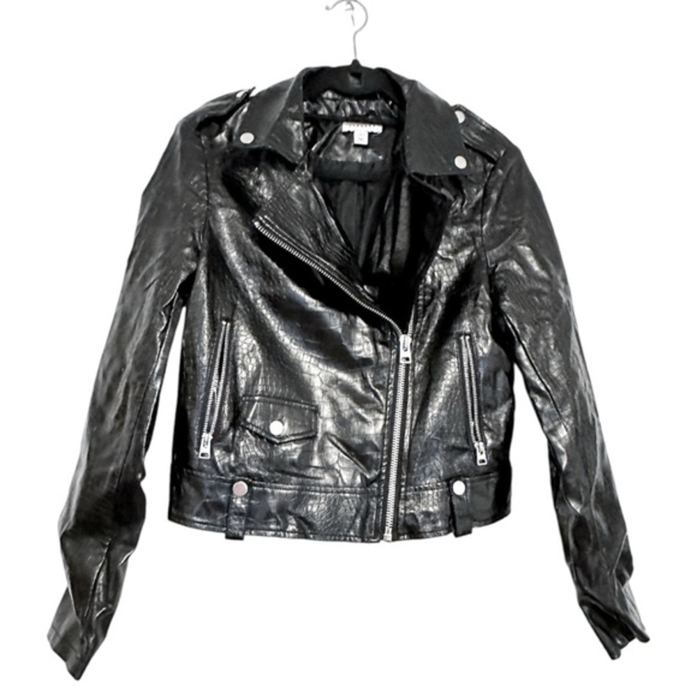 Topshop Black Faux Leather Shine Moto Jacket Croc Embossed Zip Biker US 4 Shiny